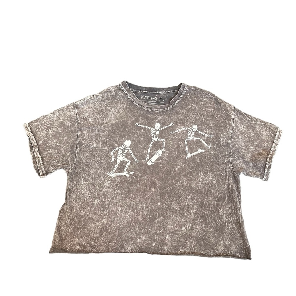Fifth Sun Women's Grey Crop-top acid wash skater skeleton‎ graphic top medium